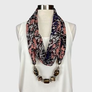 Infinity Scarf Pink Black Leopard Print Chiffon with Beads